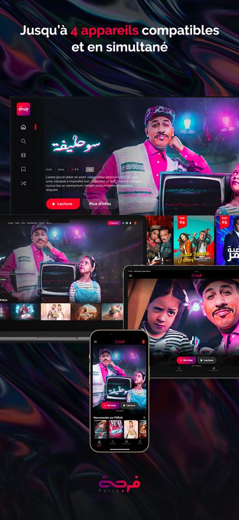 Forja app interface displayed on multiple devices including a TV, laptop, tablet, and smartphone highlighting simultaneous streaming.
