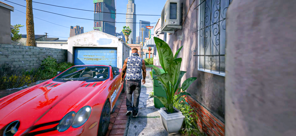 Real Highway Car Driving game - Um personagem caminha ao lado de um carro esportivo vermelho em um ambiente urbano realista.