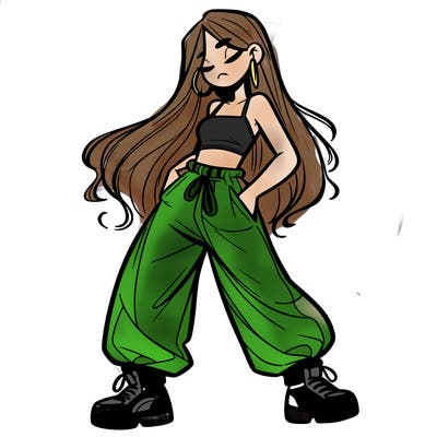 girl in baggy pants crop top and long hair