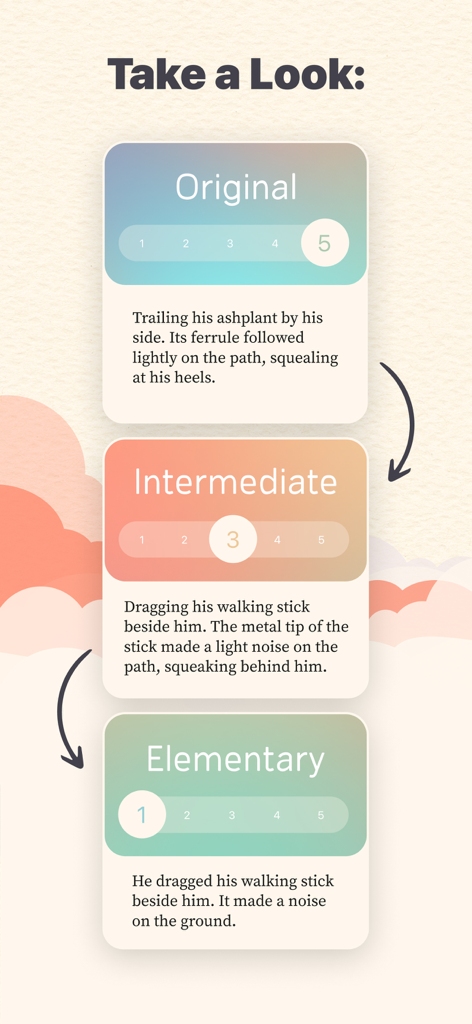 Magibook: Reading & Audiobooks - A comparison showing the same book passage rewritten in original intermediate and elementary reading levels.