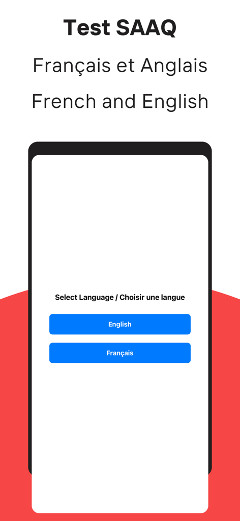 Test SAAQ - Selección de idioma para la aplicación del examen de conducir Test SAAQ con botones en inglés y francés