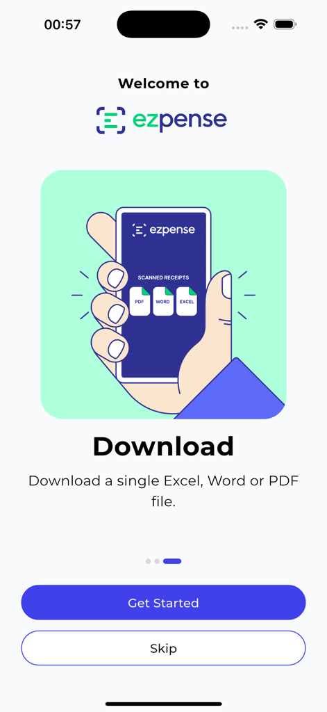 Receipt Scan & Expense Tracker - Ezpense app onboarding screen showing export options for scanned receipts into Excel Word or PDF files