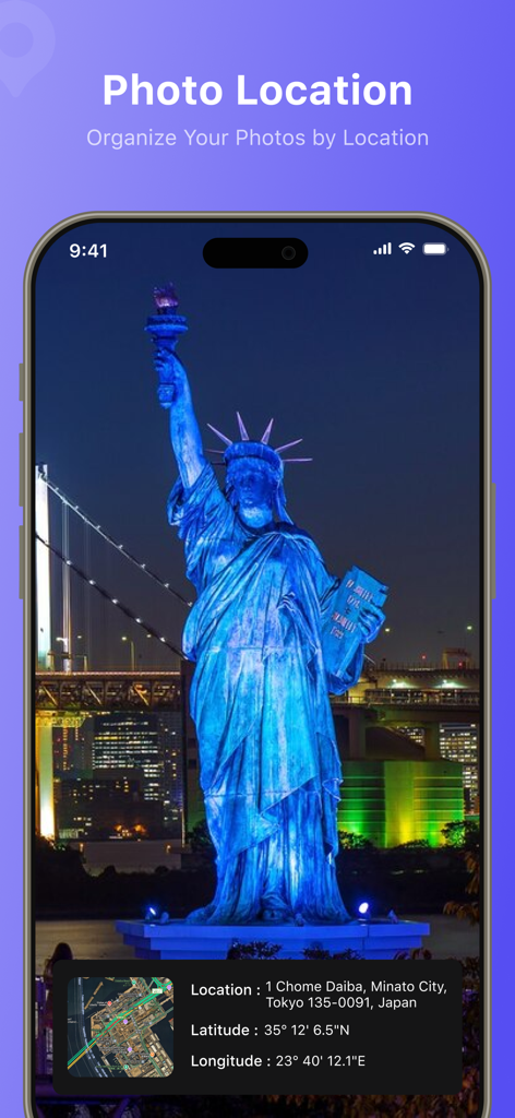 도쿄의 자유의 여신상 복제품에 대한 GPS 좌표를 포함한 지오태그 이미지와 함께 사진 위치 기능을 보여주는 스마트폰 화면