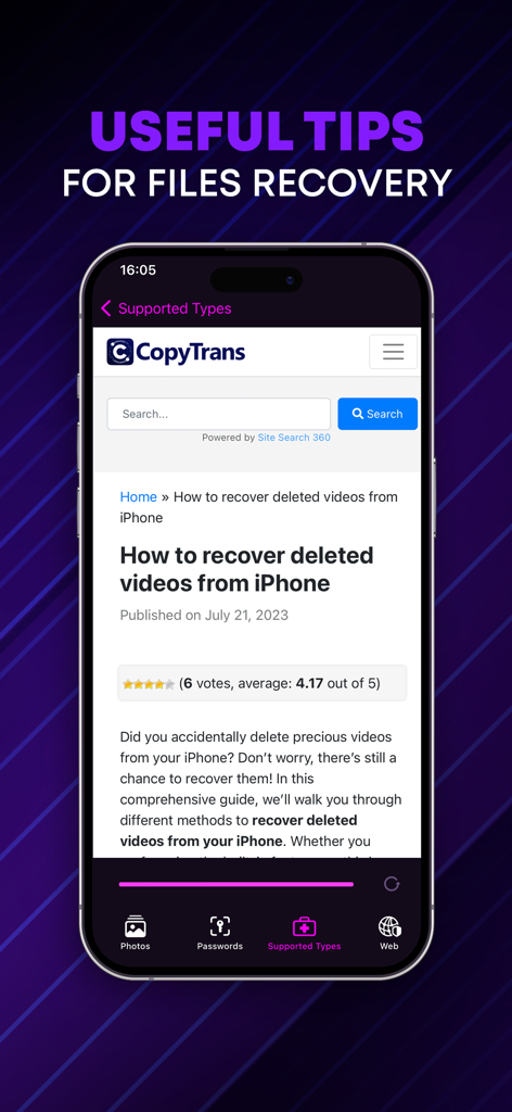 ReFile: Recovery All - iPhoneから削除された動画を復旧する方法をガイドする「ファイル復旧の便利なヒント」というタイトルのチュートリアルを表示するスマートフォンの画面。