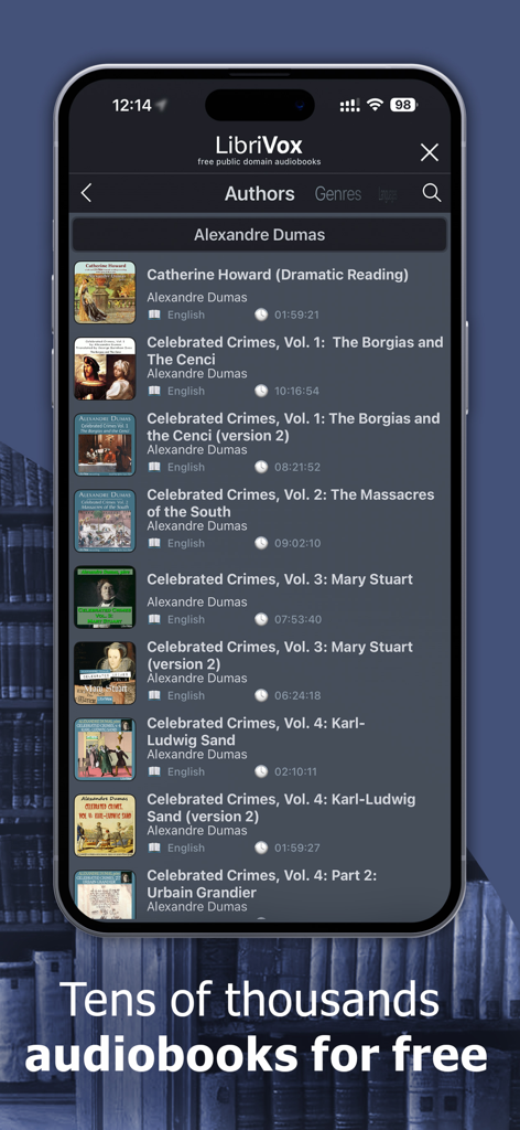 ListenBook Pro: book player - ListenBook Pro app interface showing a list of free public domain audiobooks by Alexandre Dumas through LibriVox integration.