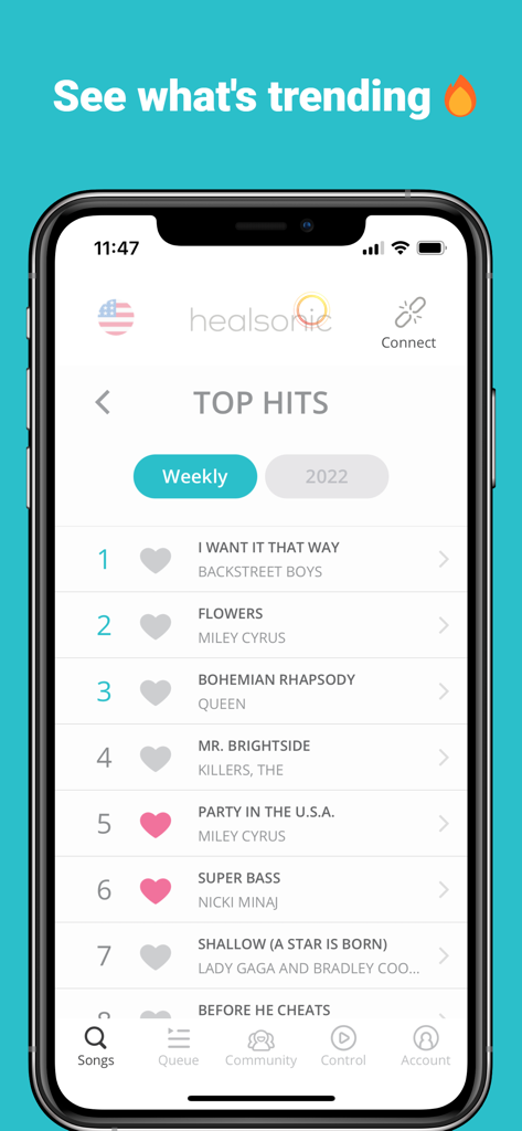 Healsonic app displaying a list of weekly top hits karaoke songs on a mobile device