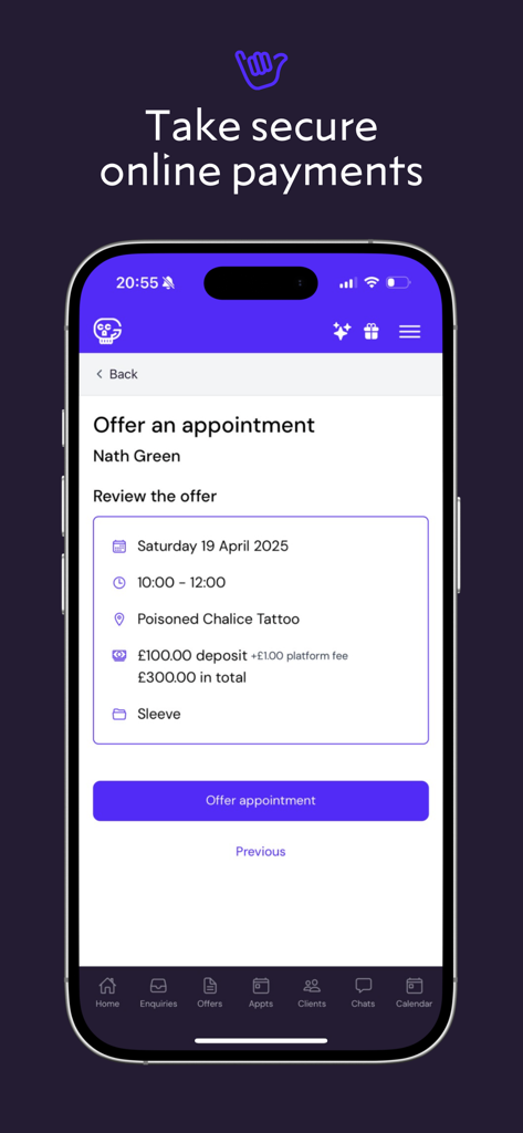 Interface of the Get Ink app for professional tattoo artists to offer appointments and collect deposits