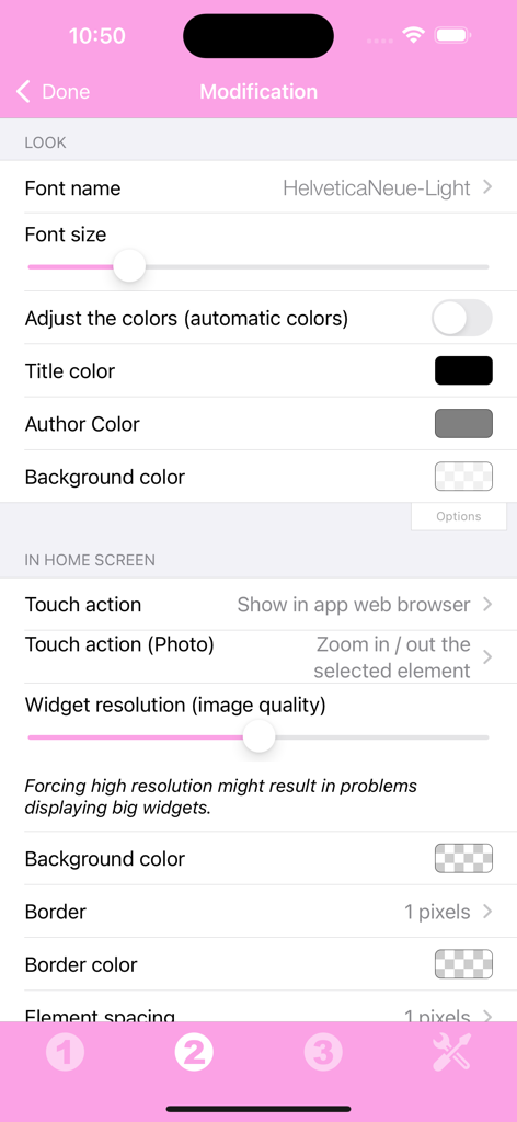 Photo Of The Day Widget - Pantalla de modificación en la aplicación Widget Foto del Día que muestra la configuración del tamaño de fuente, las opciones de color y la resolución de imagen del widget.
