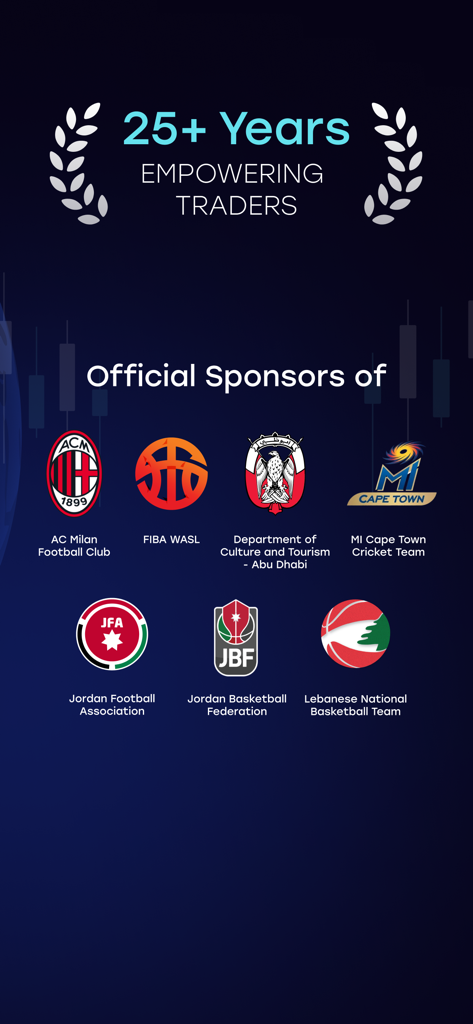 CFI Trading App - CFI Trading App screen showing 25 years of experience and official sports sponsorships