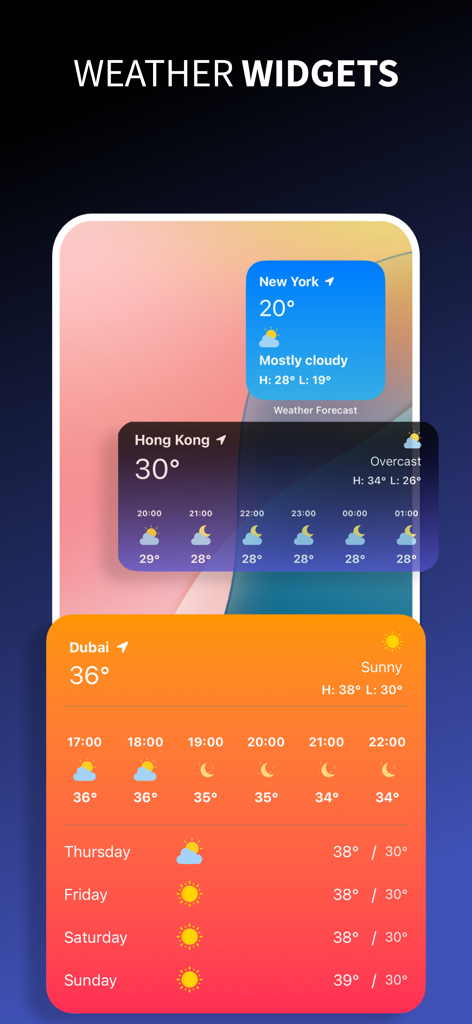 Local Weather Today: Real-Time - ニューヨーク、香港、ドバイの気温と予報を示す、3つの異なるiOS天気ウィジェットの表示。