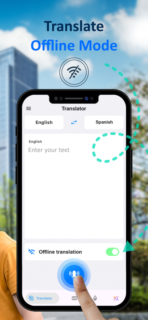 Interface de l'application AI Translator montrant la fonction du mode de traduction hors ligne