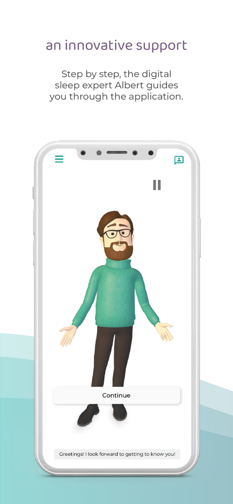 somnio - sleep coach - デジタル睡眠専門家アルバートが、somnioアプリのオンボーディング画面でユーザーをガイドしています