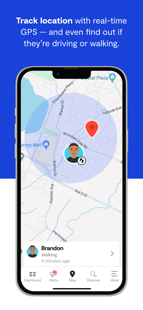 Bark Kids app interface showing real-time GPS location tracking and movement status on a map.