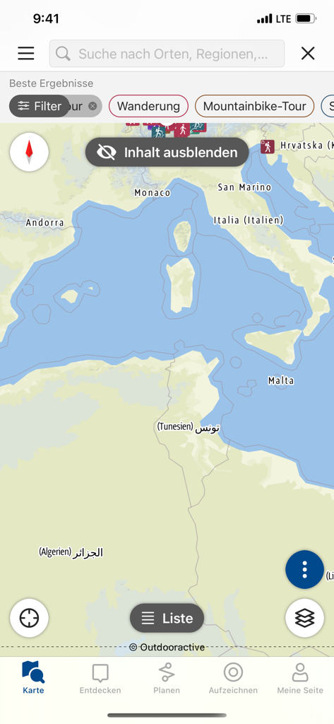 Tourenplaner SCHWEIZ - Der Kartennavigationsbildschirm der Tourenplaner SCHWEIZ App mit Suchfiltern für Wander- und Radtouren