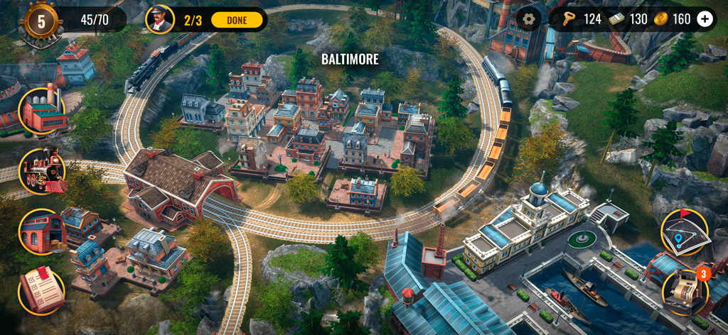 Railroad Empire: Train Game - Vue aérienne de la ville de Baltimore dans Railroad Empire Train Game, avec des locomotives à vapeur sur les voies et des bâtiments industriels