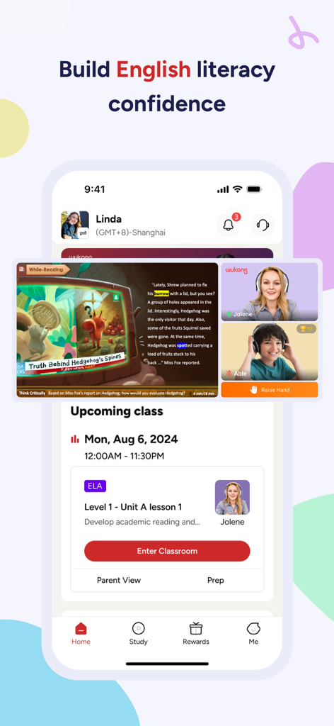 WuKong: Chinese, Math & ELA - Interface of the WuKong app showing an upcoming ELA class schedule and a live interactive classroom session.