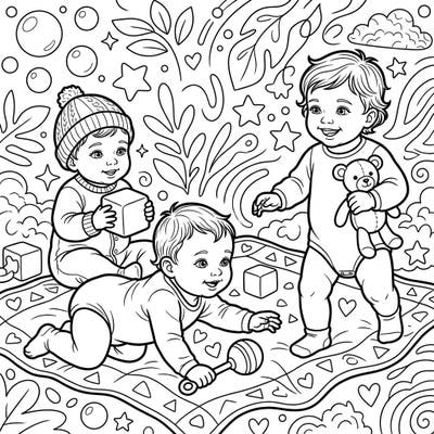 Dive into a world of infant innocence with this charming coloring page, showcasing three delightful babies engaged in playful activities. It's the perfect way to celebrate the joy and wonder of early childhood through art.