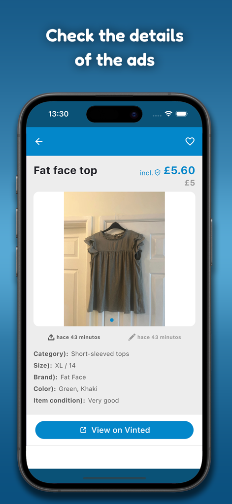 Clothing Alerts - Smartphone screen showing the detailed listing of a clothing item with size and price information and a button to view on Vinted.