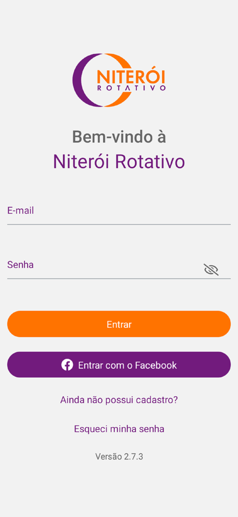 Tela de login do aplicativo móvel Niterói Rotativo mostrando campos de e-mail e senha e um botão de login pelo Facebook.