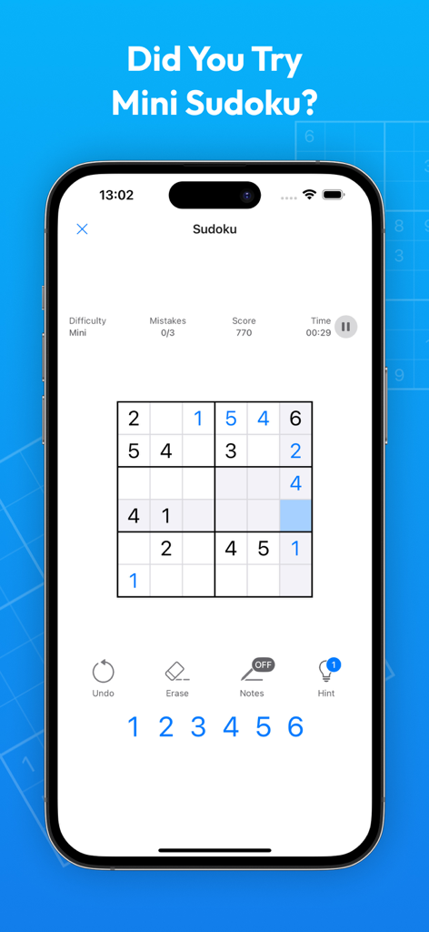 Griglia di puzzle Sudoku Mini 6x6 su uno schermo di telefono cellulare che mostra il livello di difficoltà e le statistiche di gioco.