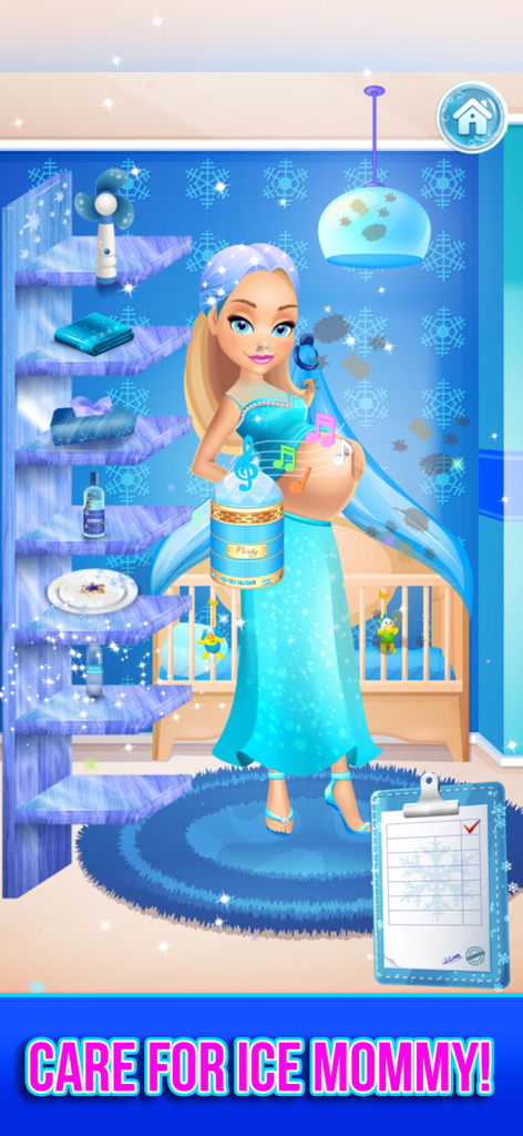 Pregnant Ice Queen Mommy in a blue nursery with snowflake decorations