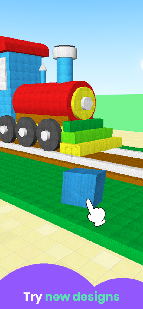 A 3D toy train being designed with colorful building blocks