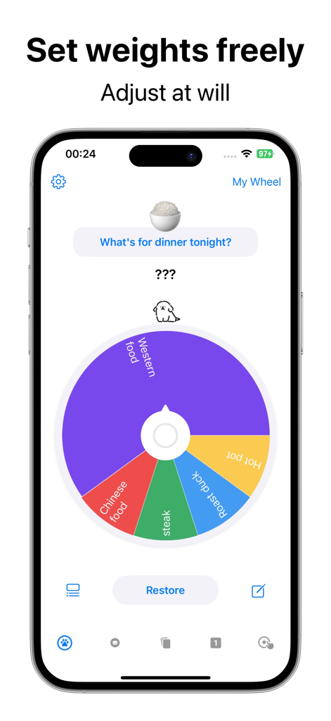 A colorful decision wheel on an iPhone app screen with food options like steak and roast duck.