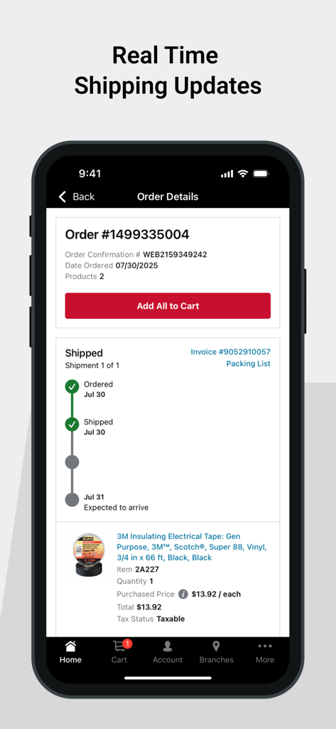 Grainger mobile app screen showing real-time shipping updates and order details for a tool purchase.