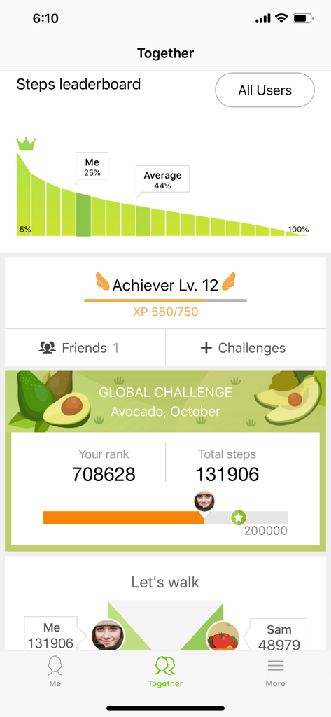 Samsung Health Together screen showing steps leaderboard and global avocado challenge