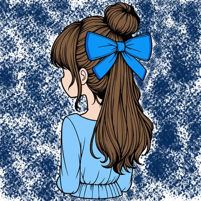 realistic girl  with hip length hair a bun and a big bow on the back of head