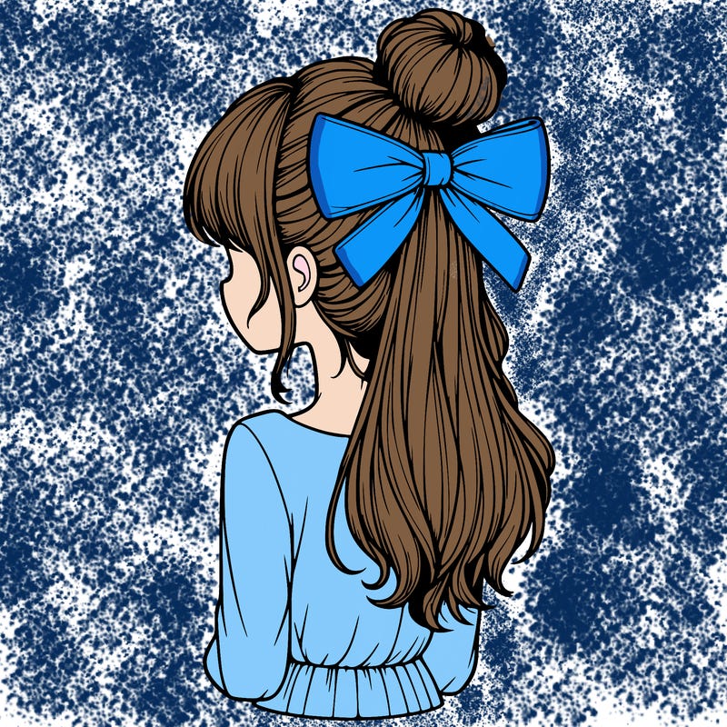 realistic girl  with hip length hair a bun and a big bow on the back of head