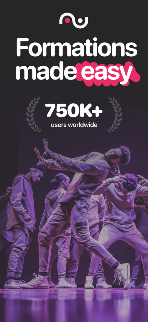 Schermata di marketing per l'app di coreografia di danza ArrangeUs che mostra un gruppo di ballerini e un messaggio sulla facilità di pianificazione delle formazioni.