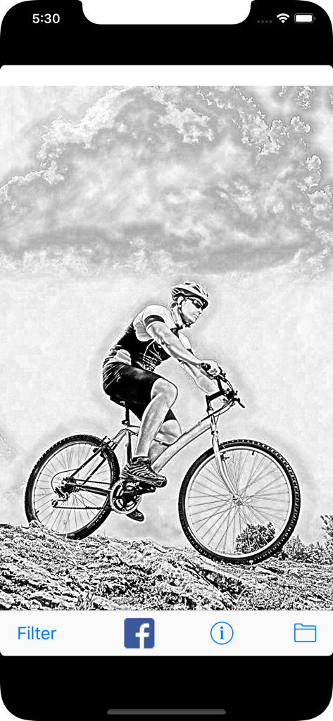 Sketch Shine - pencil drawing - Un efecto de boceto a lápiz en blanco y negro aplicado a una foto de una persona andando en bicicleta de montaña