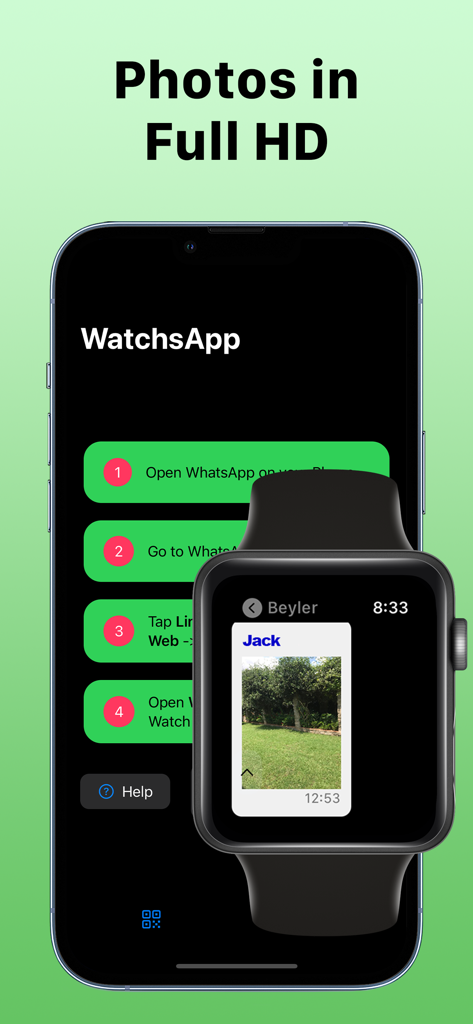 WatchsApp interface displaying a full HD photo on an Apple Watch screen next to an iPhone setup screen.