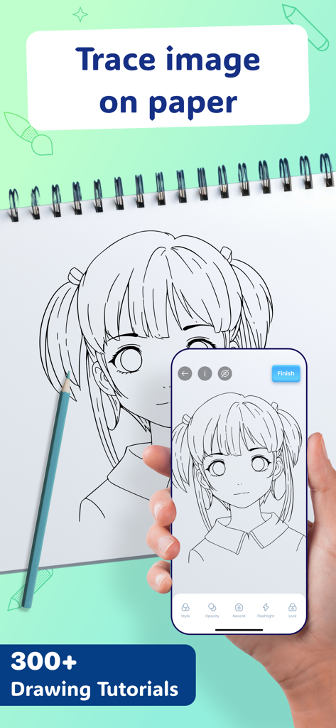 AR Drawing & Tracing - DrawToo - A smartphone using AR technology to project an anime girl sketch onto a paper notebook for tracing.