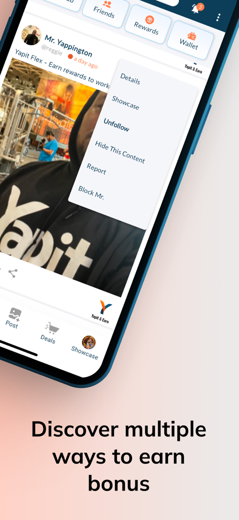 Yapit - Screenshot der Yapit App-Oberfläche, der einen Social-Media-Post mit Optionen zum Verdienen von Belohnungen und Boni anzeigt.