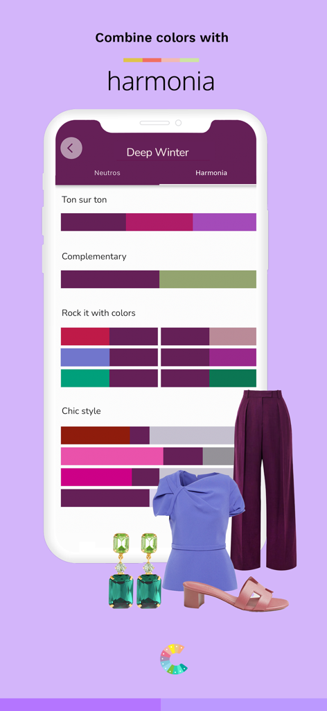 ColorApp screen displaying harmonic color combinations and outfit styling for a Deep Winter palette