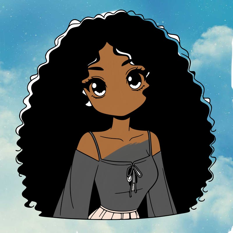 a black anime girl with long afro hair