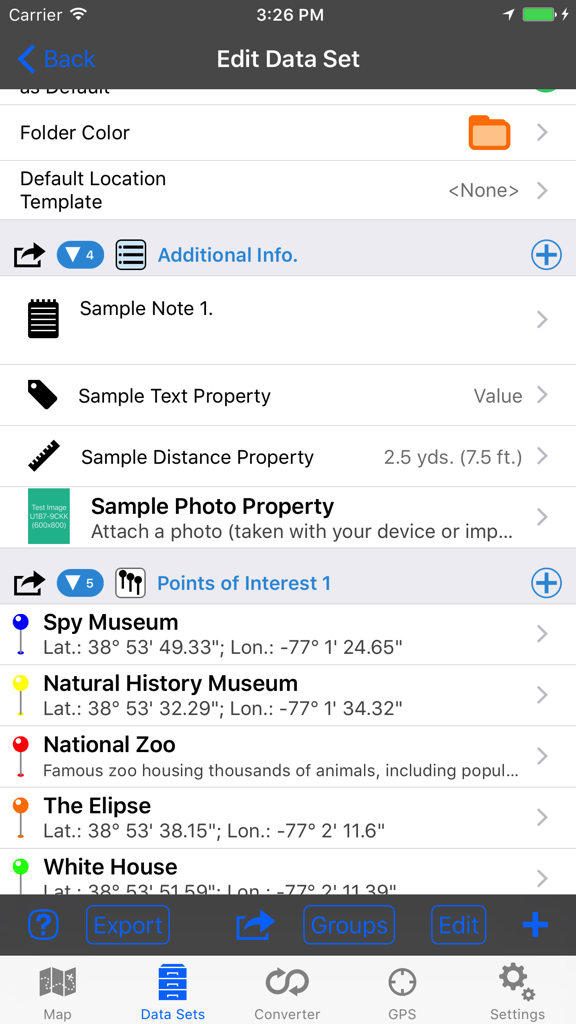 GPS & Map Toolbox - Interface of the GPS and Map Toolbox app showing a list of locations with coordinate details and custom data properties.