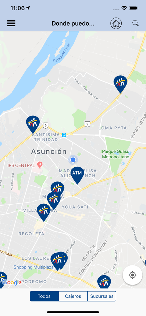 Mapa de la aplicación Banco Familiar mostrando la ubicación de sucursales y cajeros automáticos en Asunción