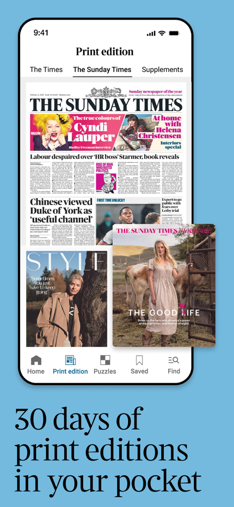 La edición impresa dominical de The Times y las revistas mostradas en la interfaz de una aplicación móvil