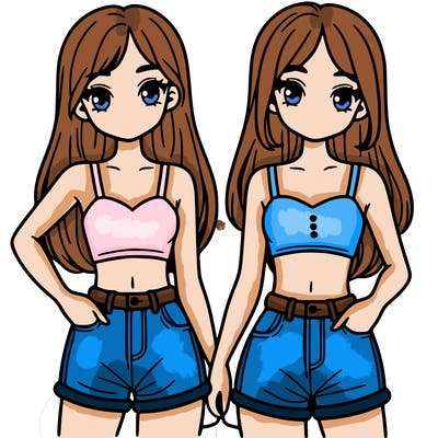 two sisters with crop tops and jean shorts and straight hair