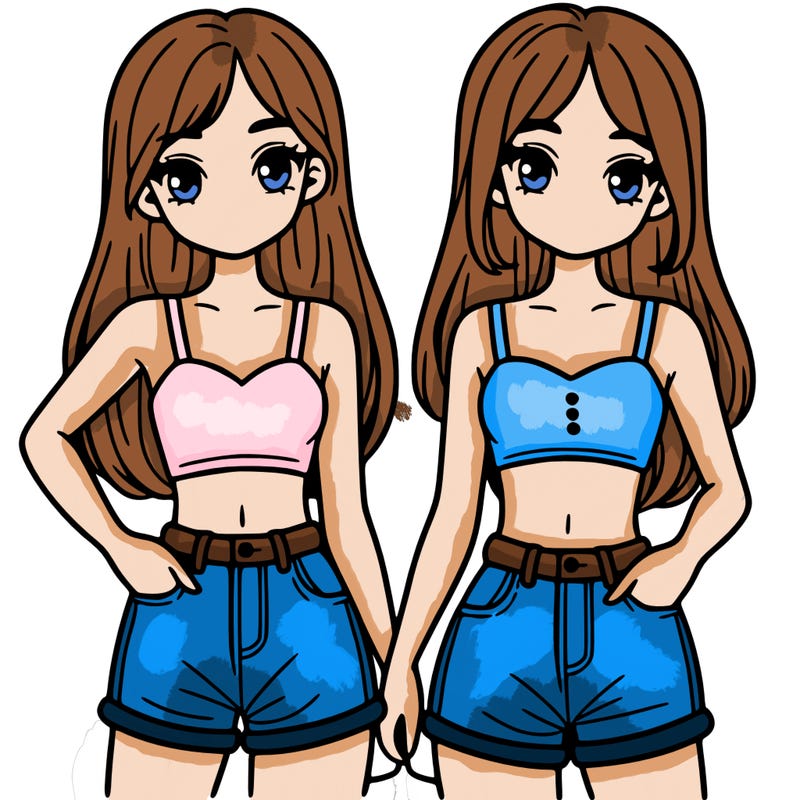 two sisters with crop tops and jean shorts and straight hair