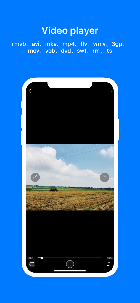 Screenshot of the Zipym Lite app video player interface showing various supported file formats and a video playback screen on a mobile device.
