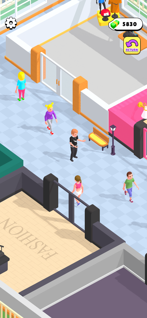 Top down view of customers walking through a shopping mall corridor in the Outlets Rush idle tycoon game