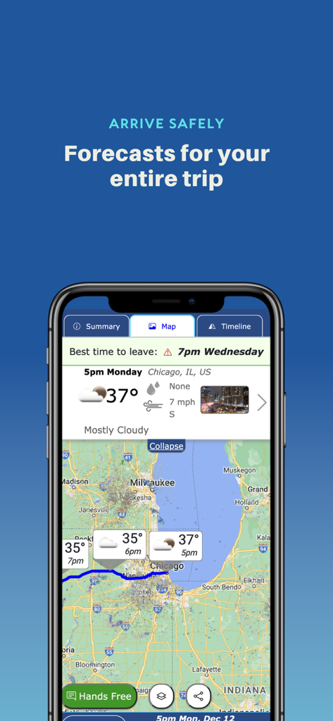 Highway Weather app displaying weather forecasts along a road trip route on a map.