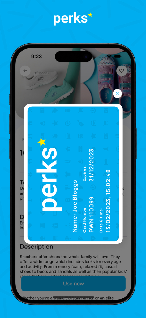 A digital member card displayed on the Perks mobile app interface showing employee discount details.