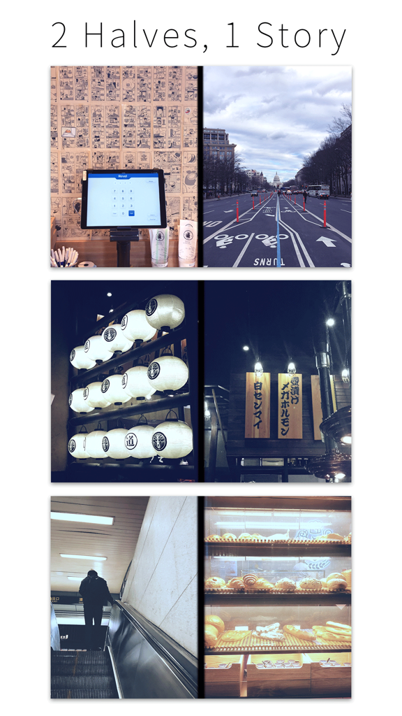 Esempi di dittici fotografici affiancati dall'app Halframe che mostrano scene urbane e interne