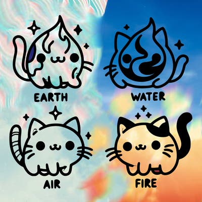4 cats that represent the different elements, earth, water, air, and fire