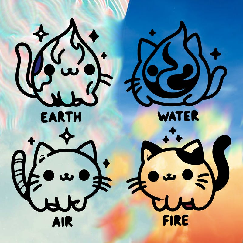 4 cats that represent the different elements, earth, water, air, and fire